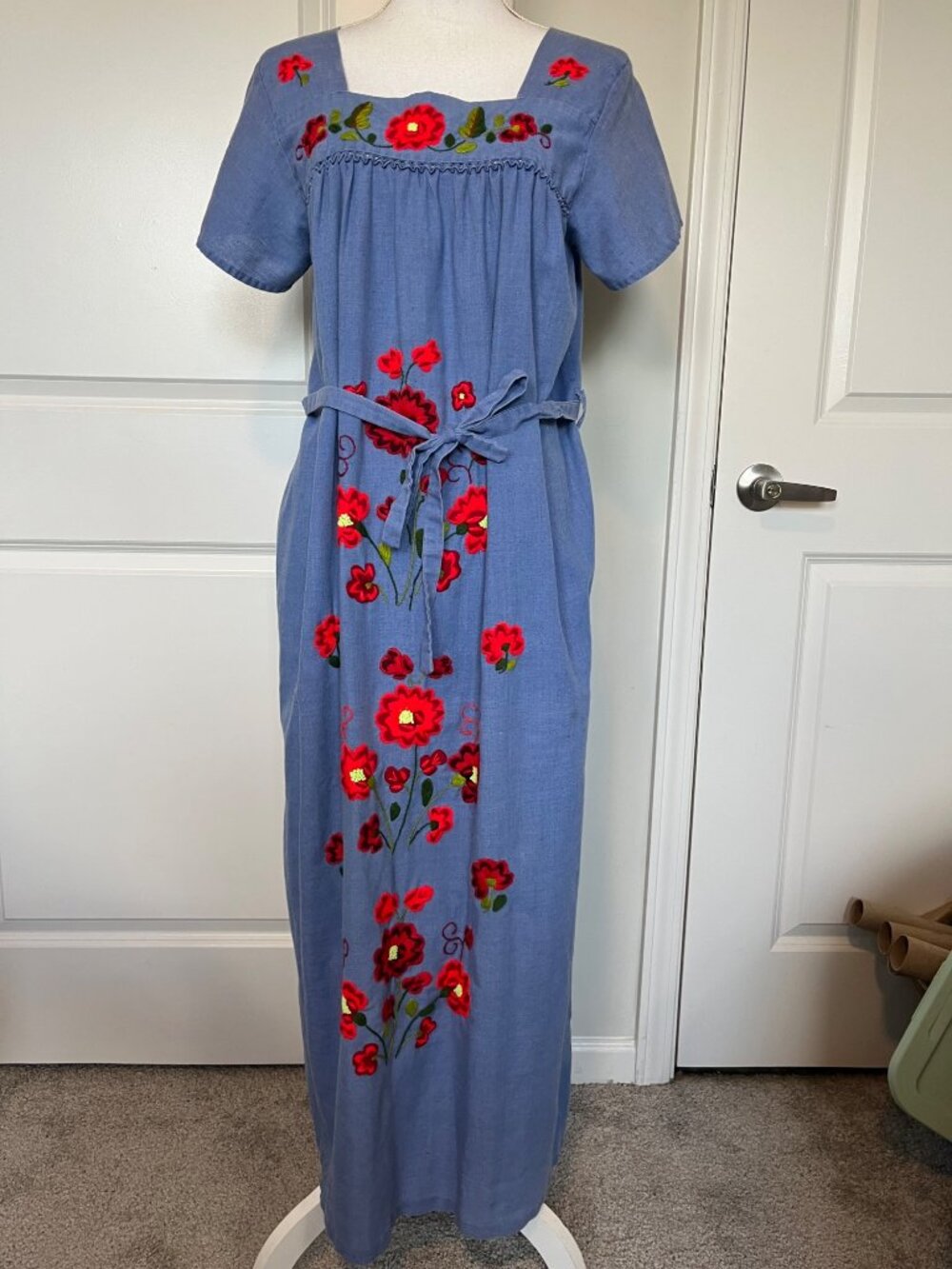 Vtg Handmade Embroidered Floral Maxi Dress Size S Belted Red Flower Details Boho